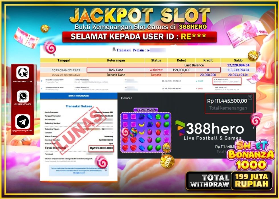 388HERO JACKPOT SLOT SWEET BONANZA 1000 Rp.199.000.000.,- LUNAS